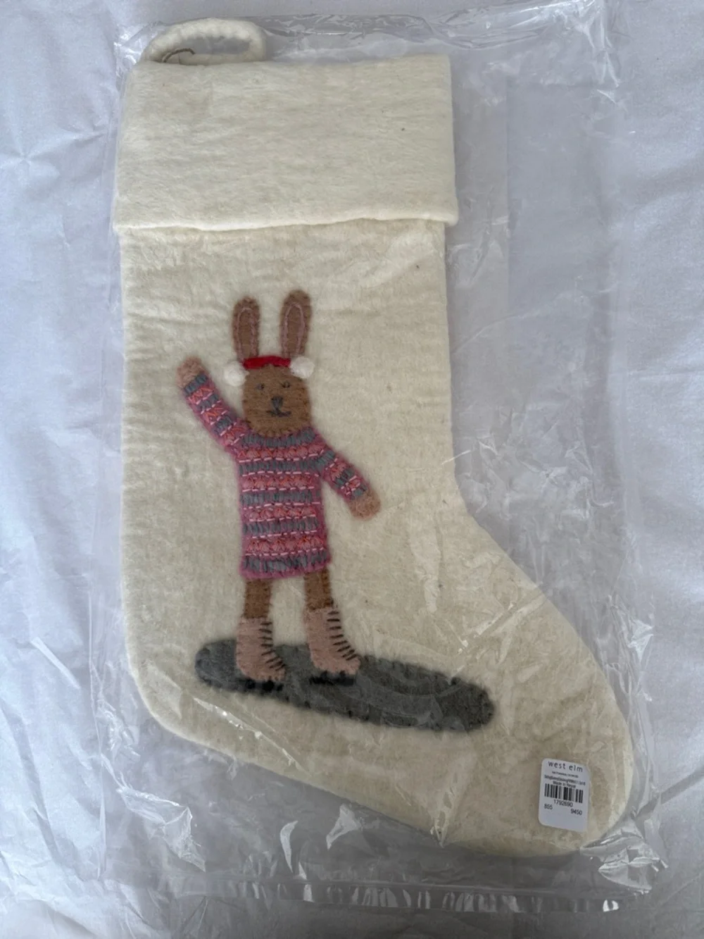 West Elm Cream Felt Bunny Stocking with Pink & Gray Accents New